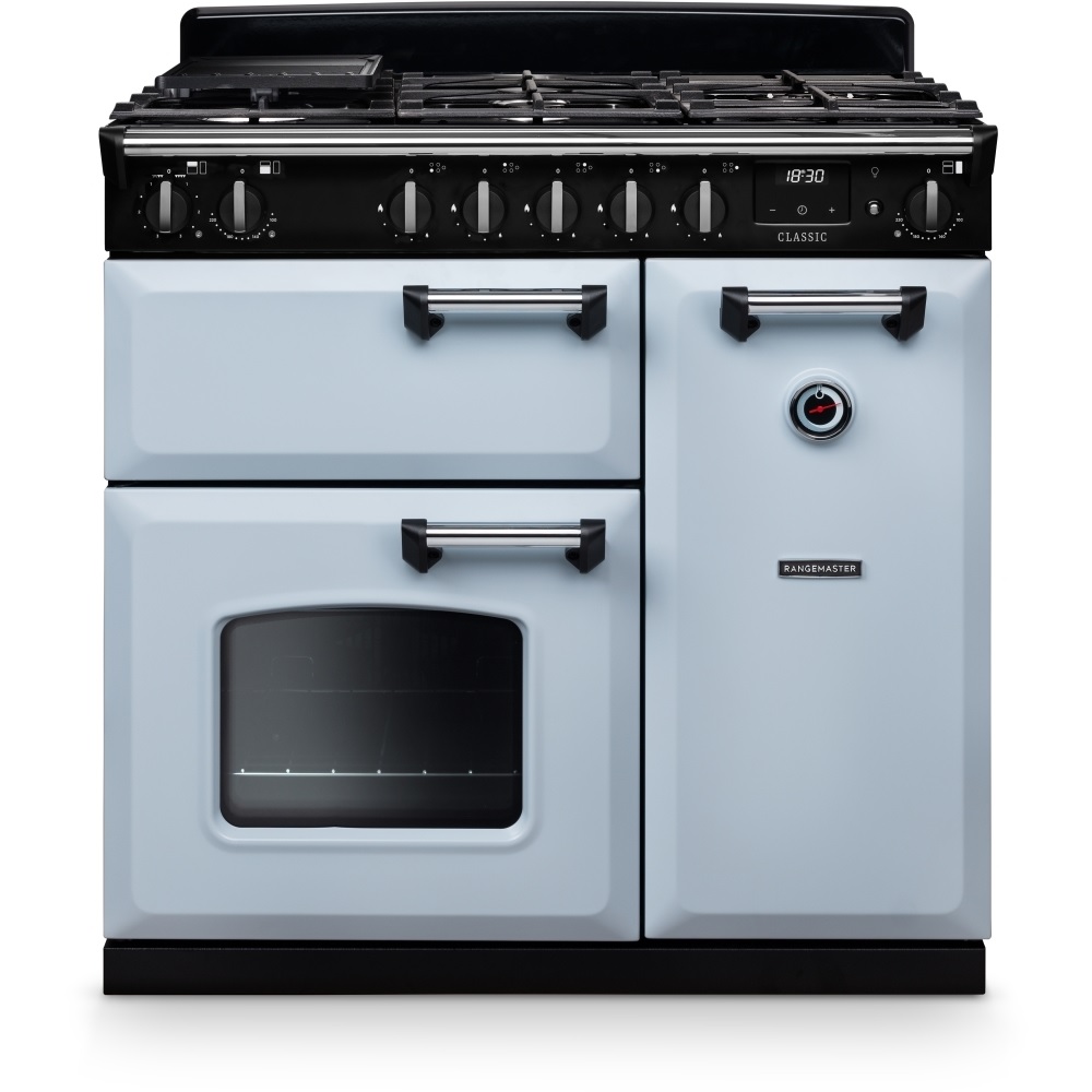 Rangemaster CL90DFPMSB-CM1 90cm Dual Fuel Range Cooker Classic Misty Blue / Chrome