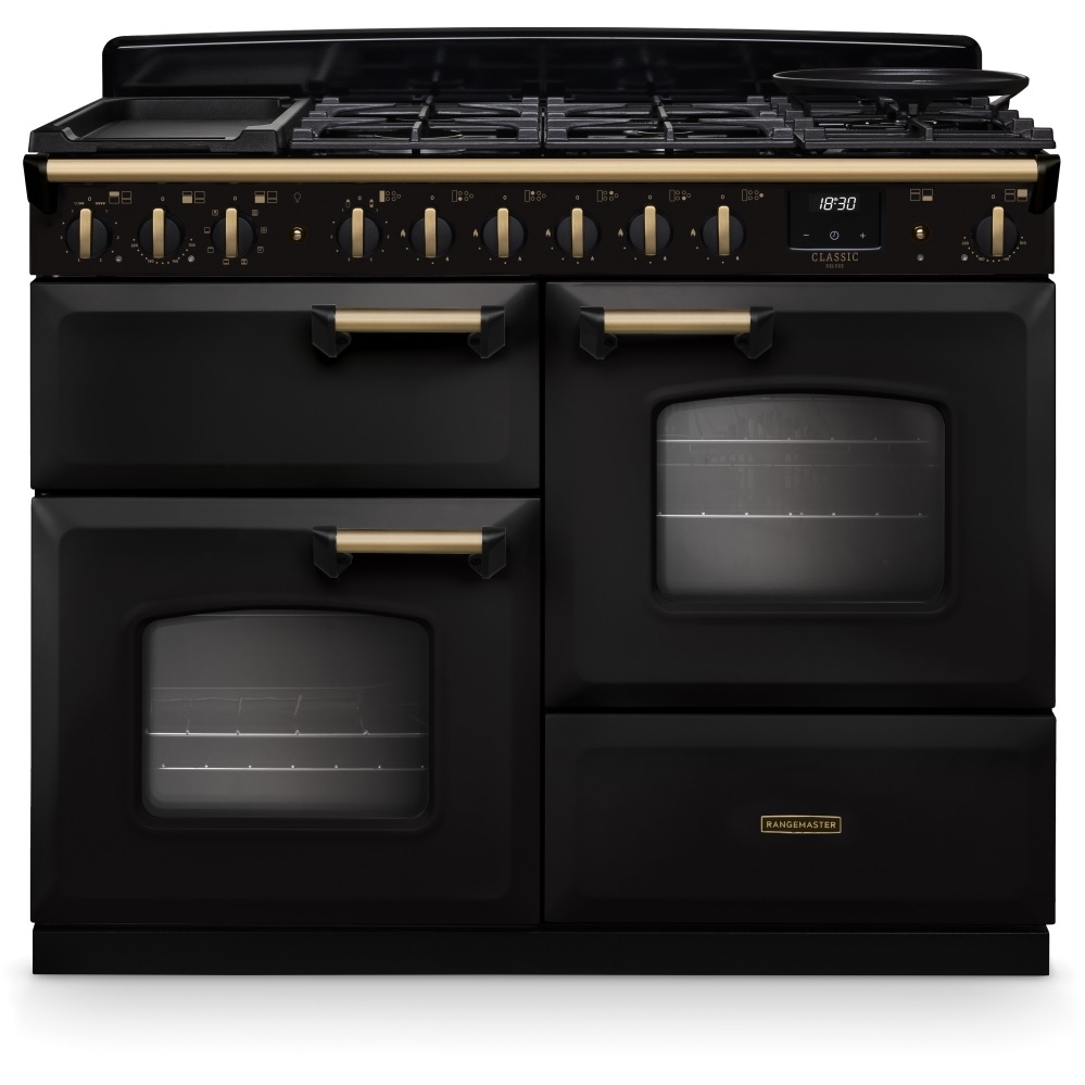 Rangemaster CLDLO110DFPCBL-AB1 110cm Dual Fuel Range Cooker Classic Deluxe Charcoal Black/Antique Brass