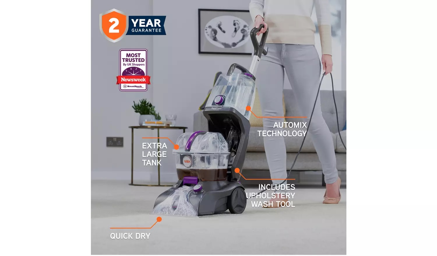 VAX CDCW-RPXR Upright Carpet Cleaner Washer Rapid Power Refresh 4.7L 1200w - Grey/Purple - Image 2 VAX CDCW-RPXR Upright Carpet Cleaner Washer Rapid Power Refresh 4.7L 1200w - Grey/Purple - Image 2