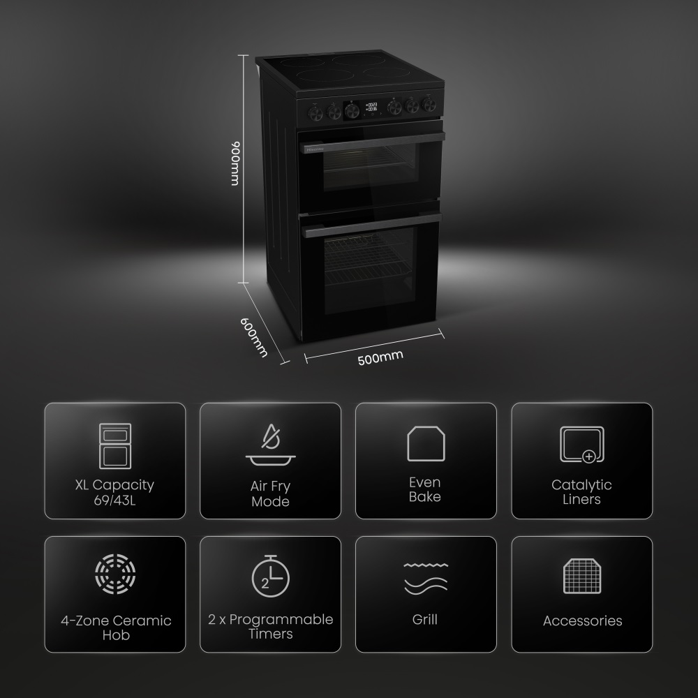 Hisense HDCEC5C10B 50cm Ceramic Electric Cooker with Double Oven – Black - Image 2