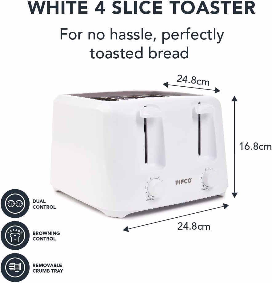 PIFCO Toaster 4 Slice 6 Browning Controls & Anti-Jam Function White - Image 2 PIFCO Toaster 4 Slice 6 Browning Controls & Anti-Jam Function White - Image 2