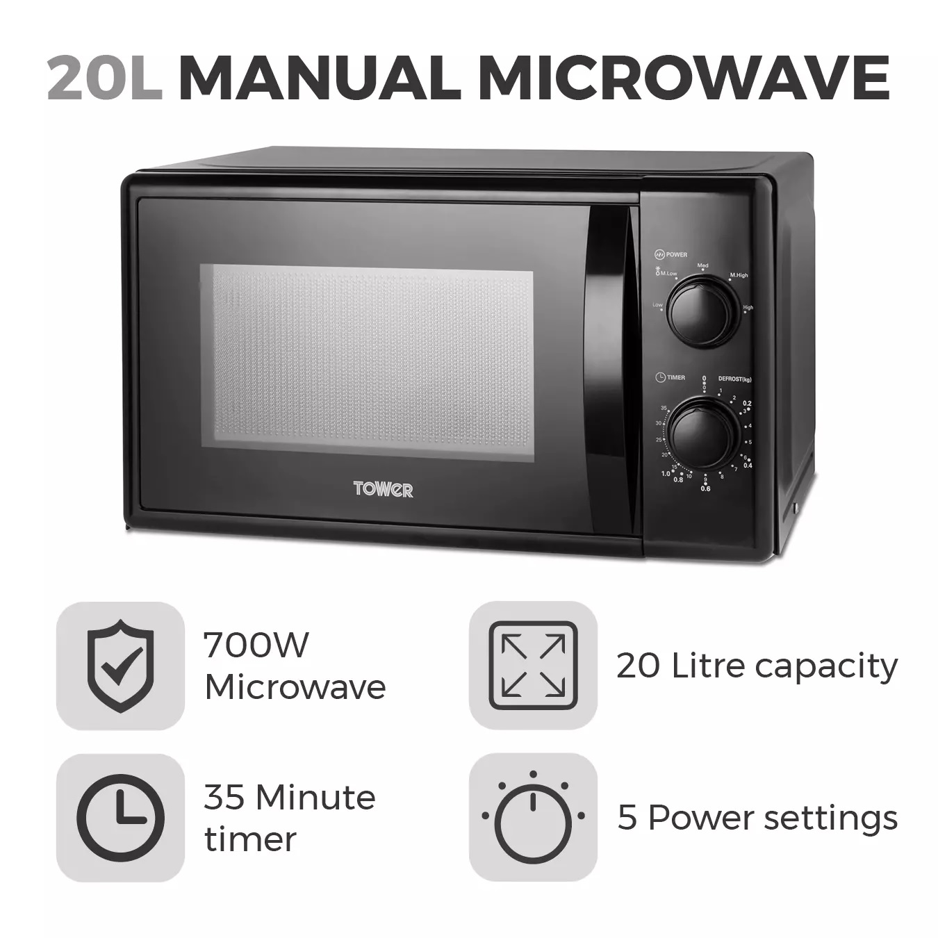 TOWER T24034BLK 20 Litre 700W Manual Microwave - Image 2