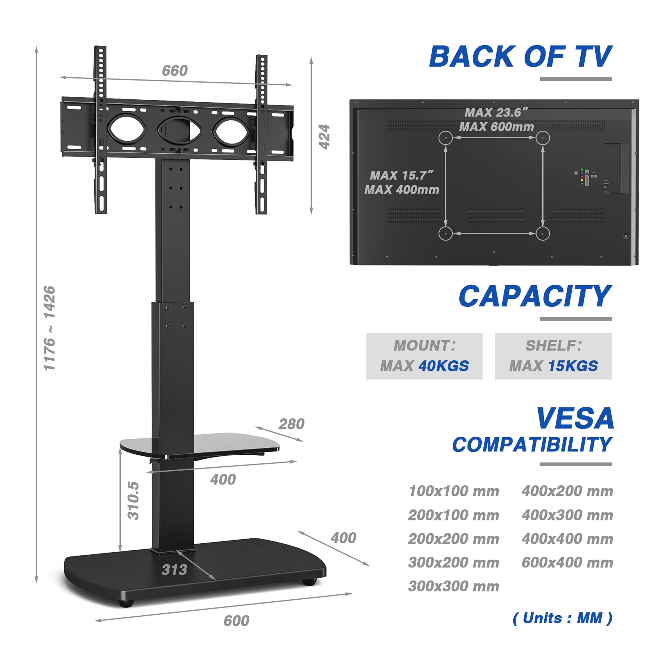 TTAP FS1 Floor Pedestal TV stand in Black - Image 3