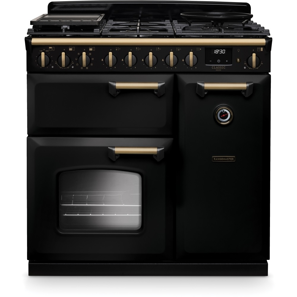 Rangemaster CLDL90DFPGBL-AB1 90cm Dual Fuel Range Cooker Classic Deluxe Gloss Black/Antique Brass