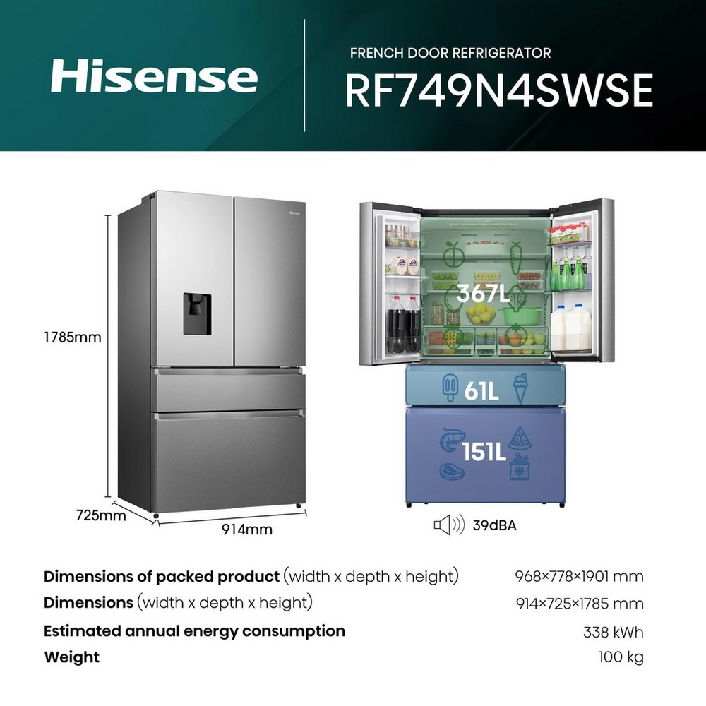 Hisense RF749N4SWSE American Style Fridge Freezer, Non-Plumbed, in Stainless Steel - Image 2