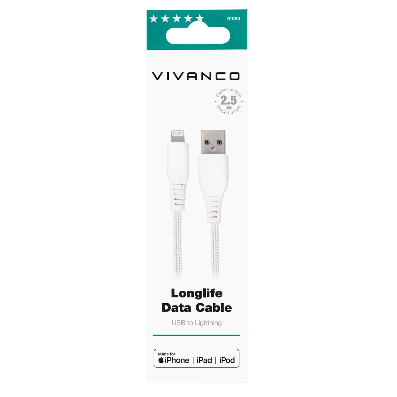 Vivanco 61683 Lightning - USB 2.5m Connection in white Vivanco 61683 Lightning - USB 2.5m Connection in white