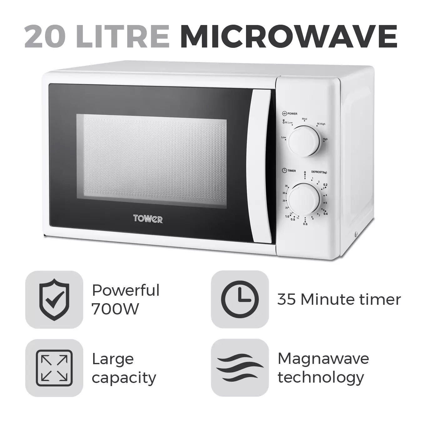 TOWER T24034WHT 20 Litre 700W Manual Microwave - Image 2