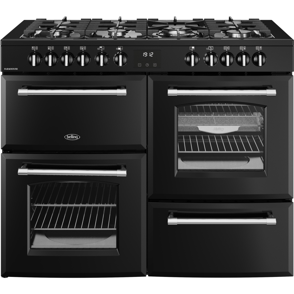 Belling 444411838 Belling RCA FARMHOUSE 110DF 110cm Dual Fuel Range Cooker, Black, A Rated