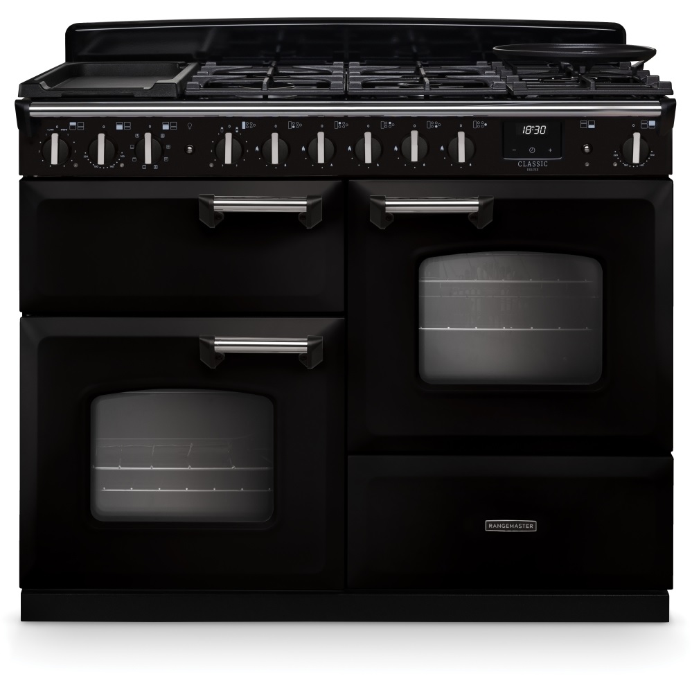 Rangemaster CLDLO110DFPGBL-CM1 110cm Dual Fuel Range Cooker Classic Deluxe Gloss Black/Chrome