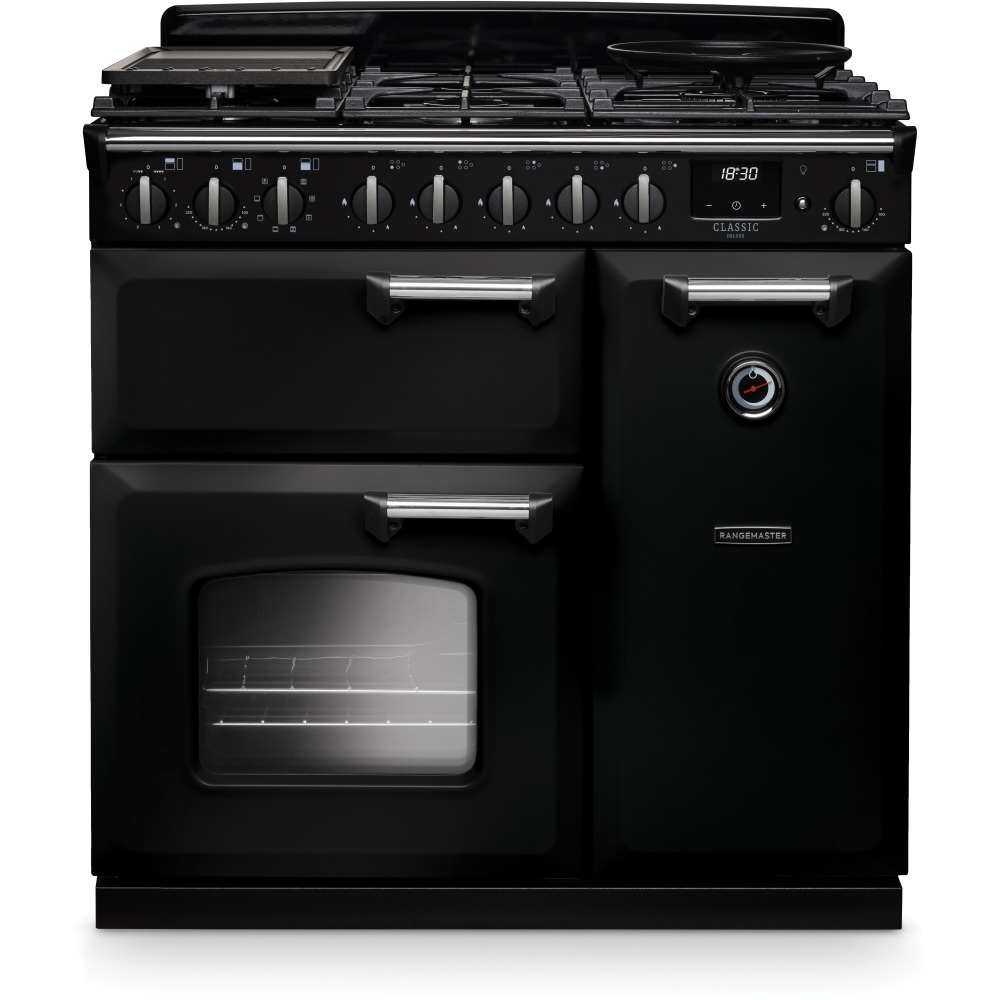 Rangemaster CLDL90DFPGBL-CM1 90cm Dual Fuel Range Cooker Classic Deluxe Gloss Black/Chrome
