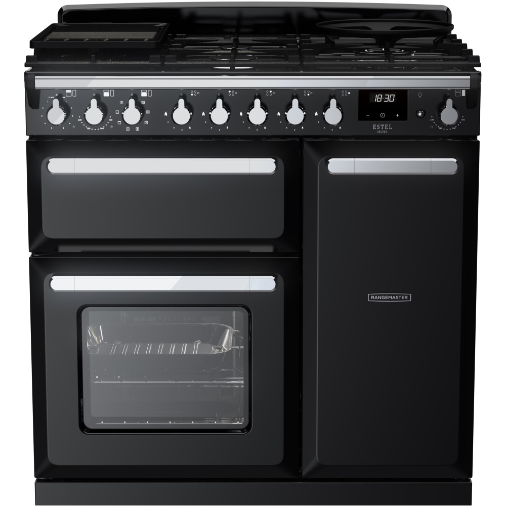 Rangemaster ESDL90DFPGBL-CM1 90cm Dual Fuel Range Cooker Estel Deluxe Black/Chrome