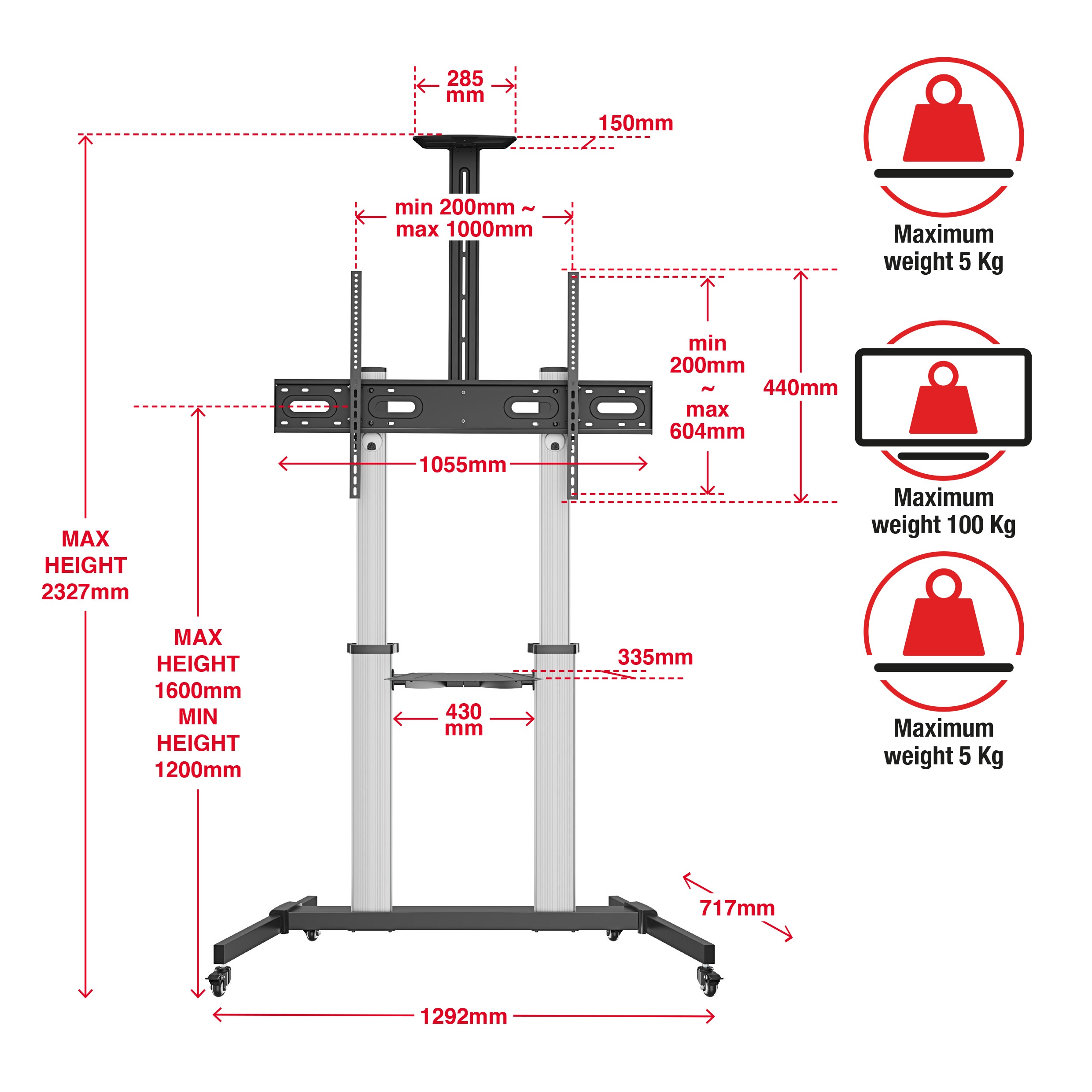 TTAP CART03 Aluminium Trolley Cart TV and Monitor Mount Stand (Screens up to 100″) - Image 5