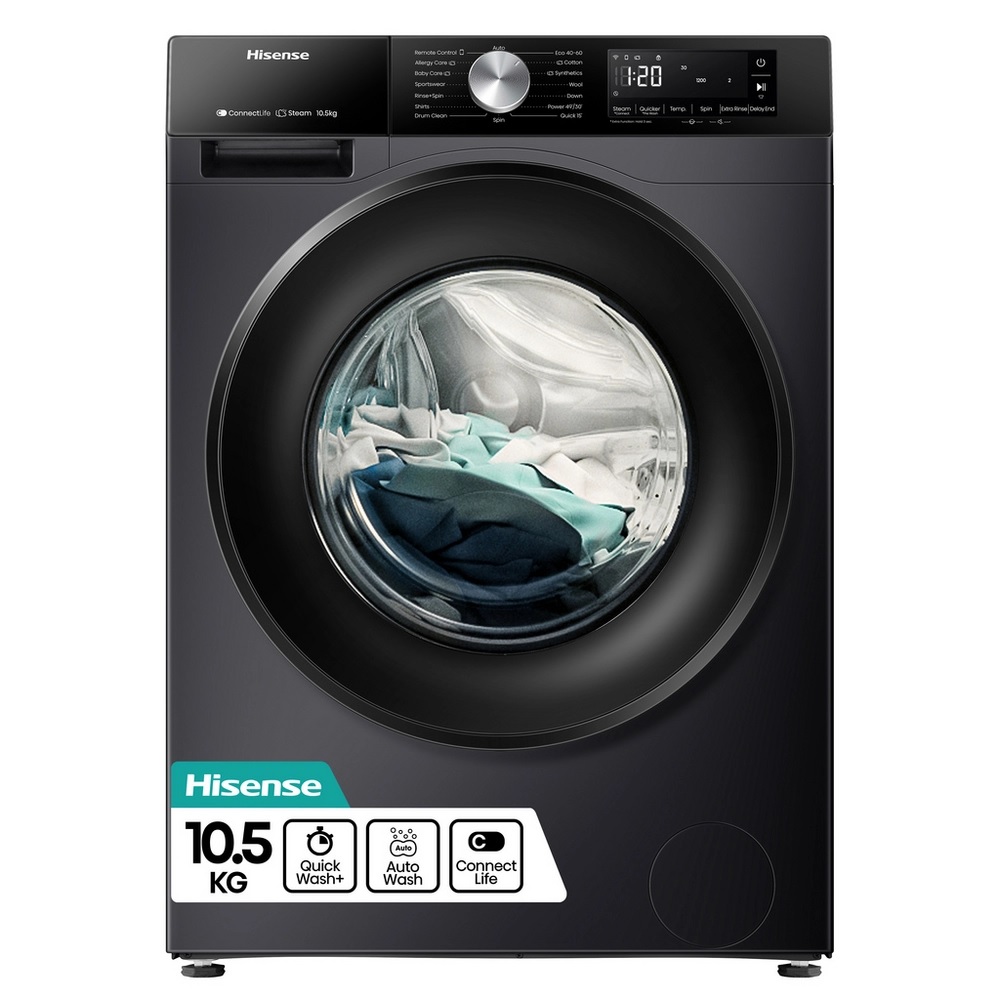 Hisense WF3S1043BB3 Washing Machine, 10.5kg, 1400 Spin – Black - Image 1 Hisense WF3S1043BB3 Washing Machine, 10.5kg, 1400 Spin – Black - Image 1