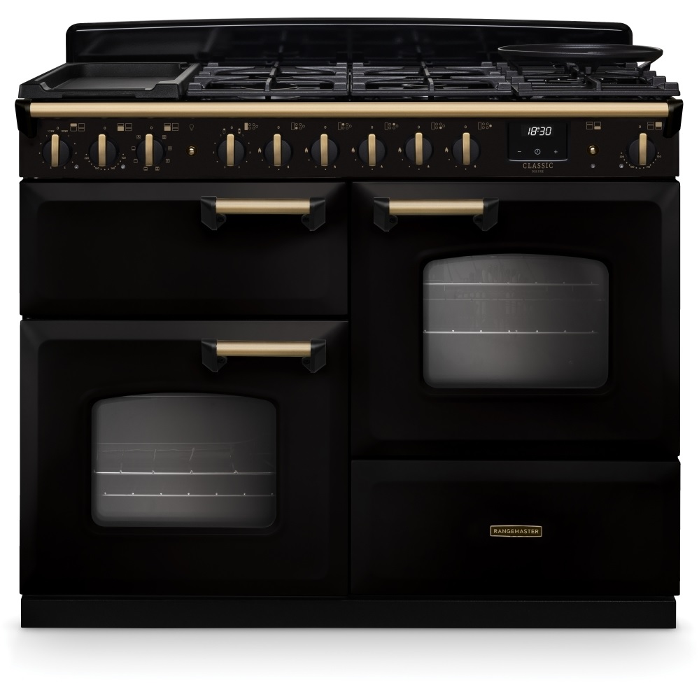 Rangemaster CLDLO110DFPGBL-AB1 110cm Dual Fuel Range Cooker Classic Deluxe Gloss Black/Antique Brass