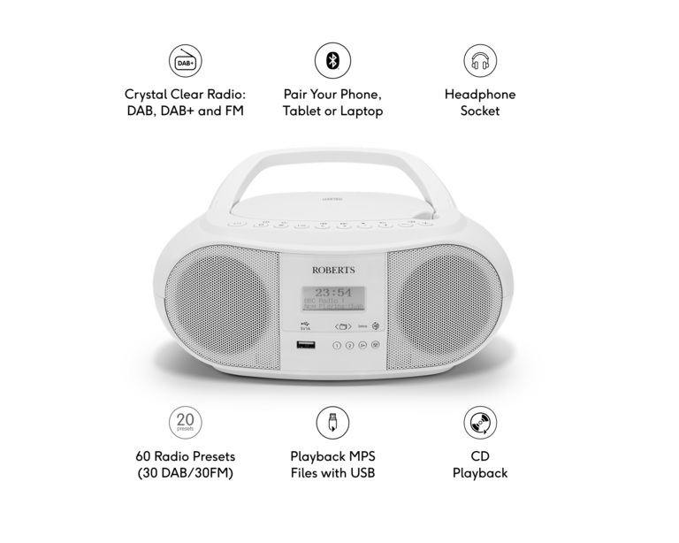 Roberts ZOOMBOX4 FM/DAB/DAB+ CD Boombox with Bluetooth – White - Image 4