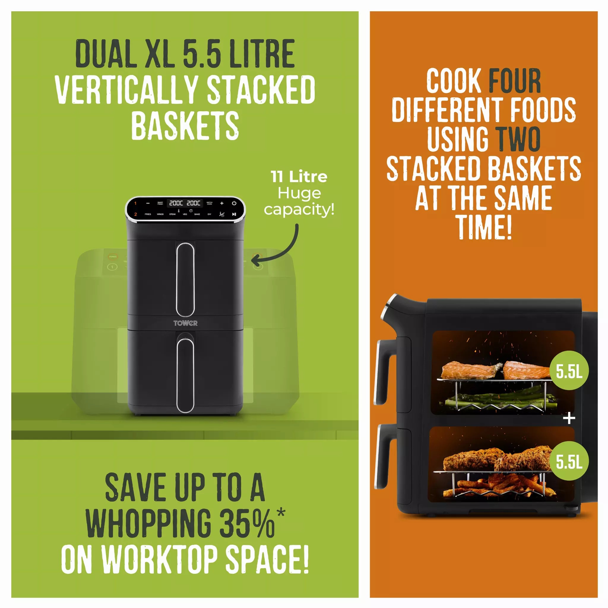 TOWER T17190 Vortx 11 Litre Dual Layer Air Fryer – Black - Image 3 TOWER T17190 Vortx 11 Litre Dual Layer Air Fryer – Black - Image 3