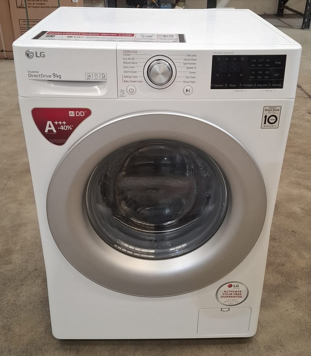 LG F4V309WSE-GR 9kg 1400 Spin Washing Machine - White Cleaned and Fully tested. Damage to Left side panel and front Damage to Right side panel and front See pictures