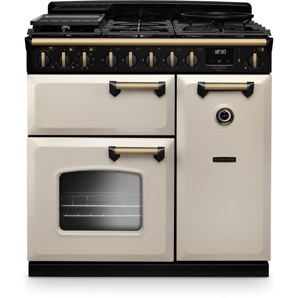 Rangemaster CLDL90DFPPCR-AB1 90cm Dual Fuel Range Cooker Classic Deluxe Pale Cream/Antique Brass Rangemaster CLDL90DFPPCR-AB1 90cm Dual Fuel Range Cooker Classic Deluxe Pale Cream/Antique Brass