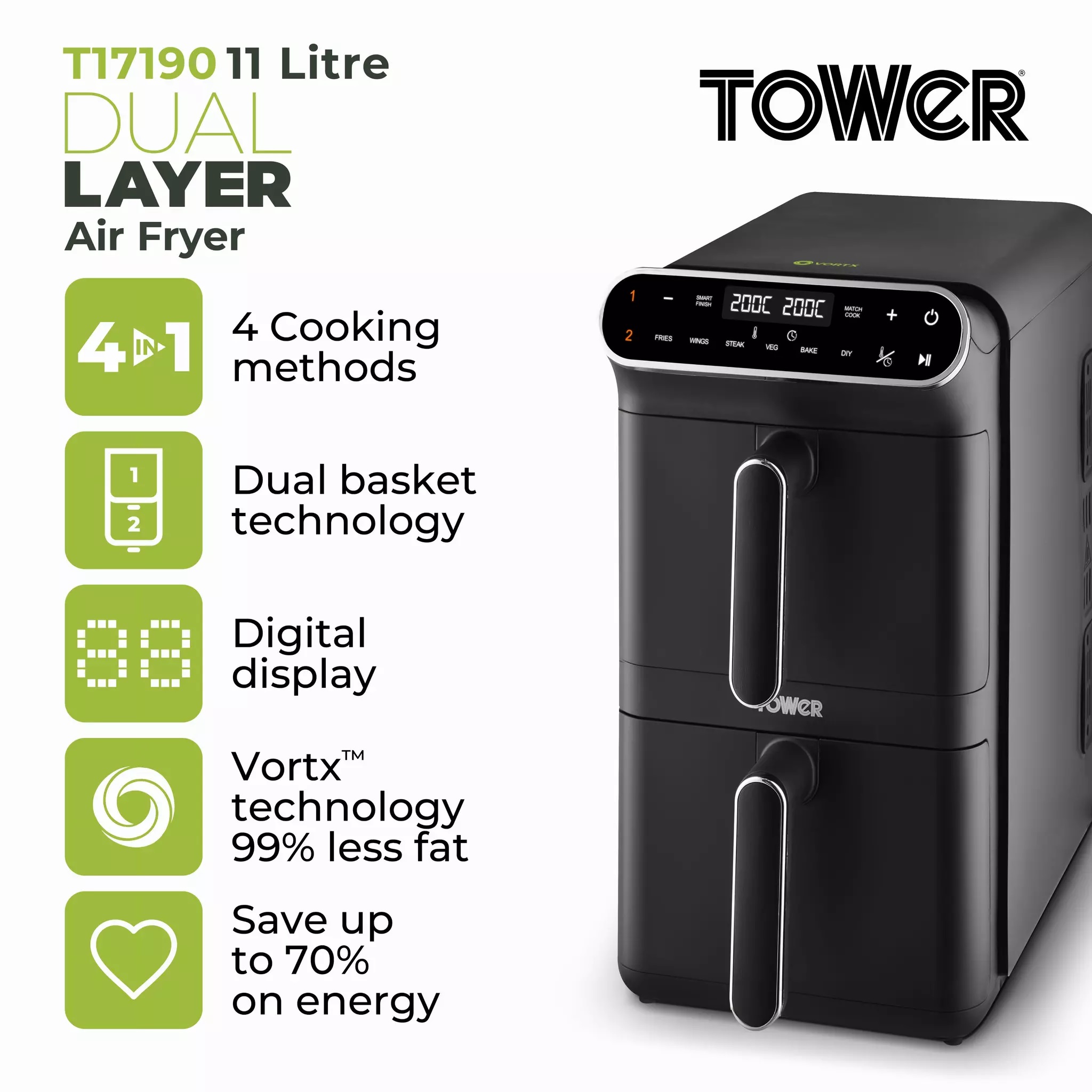 TOWER T17190 Vortx 11 Litre Dual Layer Air Fryer – Black - Image 2 TOWER T17190 Vortx 11 Litre Dual Layer Air Fryer – Black - Image 2