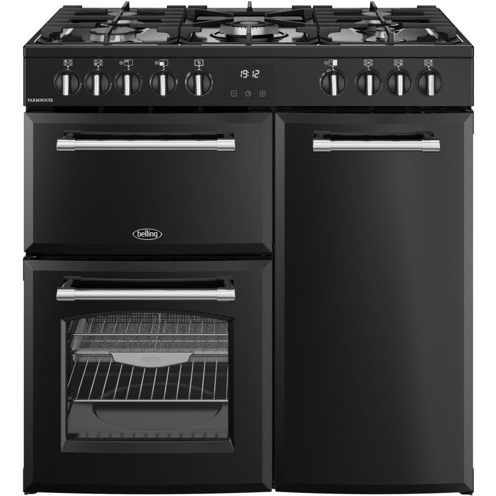 Belling Farmhouse 90DF 90cm Dual Fuel Range Cooker, Black, A Rated