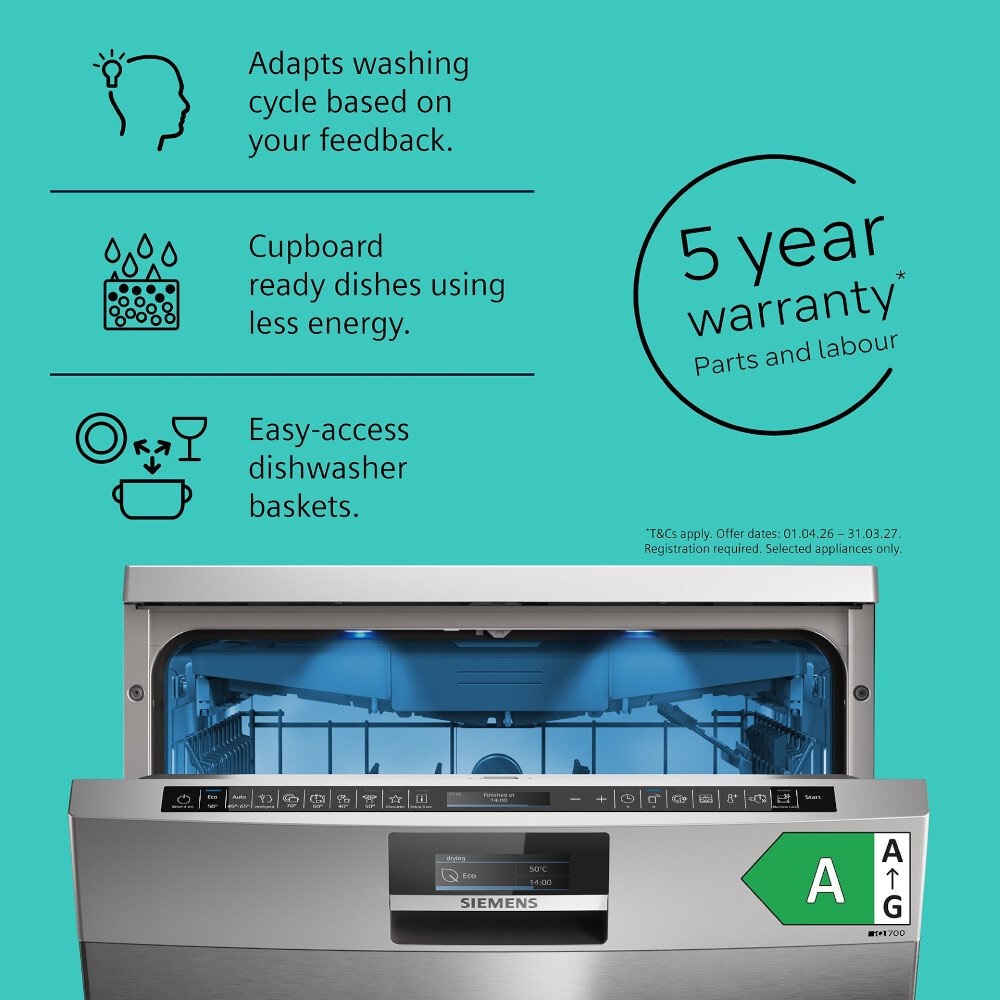Siemens SN27TI02CE iQ700 Dishwasher, 14 Place Settings - Stainless Steel - Image 2 Siemens SN27TI02CE iQ700 Dishwasher, 14 Place Settings - Stainless Steel - Image 2