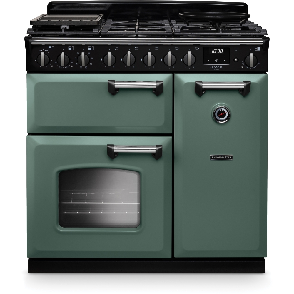 Rangemaster CLDL90DFPMGR/CM1 90cm Dual Fuel Range Cooker Classic Deluxe Mineral Green / Chrome, A Rated Rangemaster CLDL90DFPMGR/CM1 90cm Dual Fuel Range Cooker Classic Deluxe Mineral Green / Chrome, A Rated
