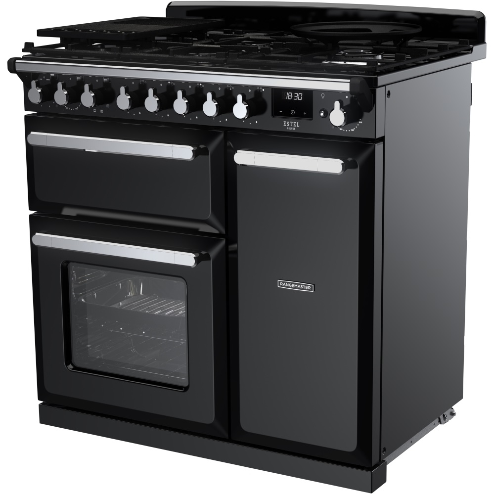 Rangemaster ESDL90DFPGBL-CM1 90cm Dual Fuel Range Cooker Estel Deluxe Black/Chrome - Image 2 Rangemaster ESDL90DFPGBL-CM1 90cm Dual Fuel Range Cooker Estel Deluxe Black/Chrome - Image 2