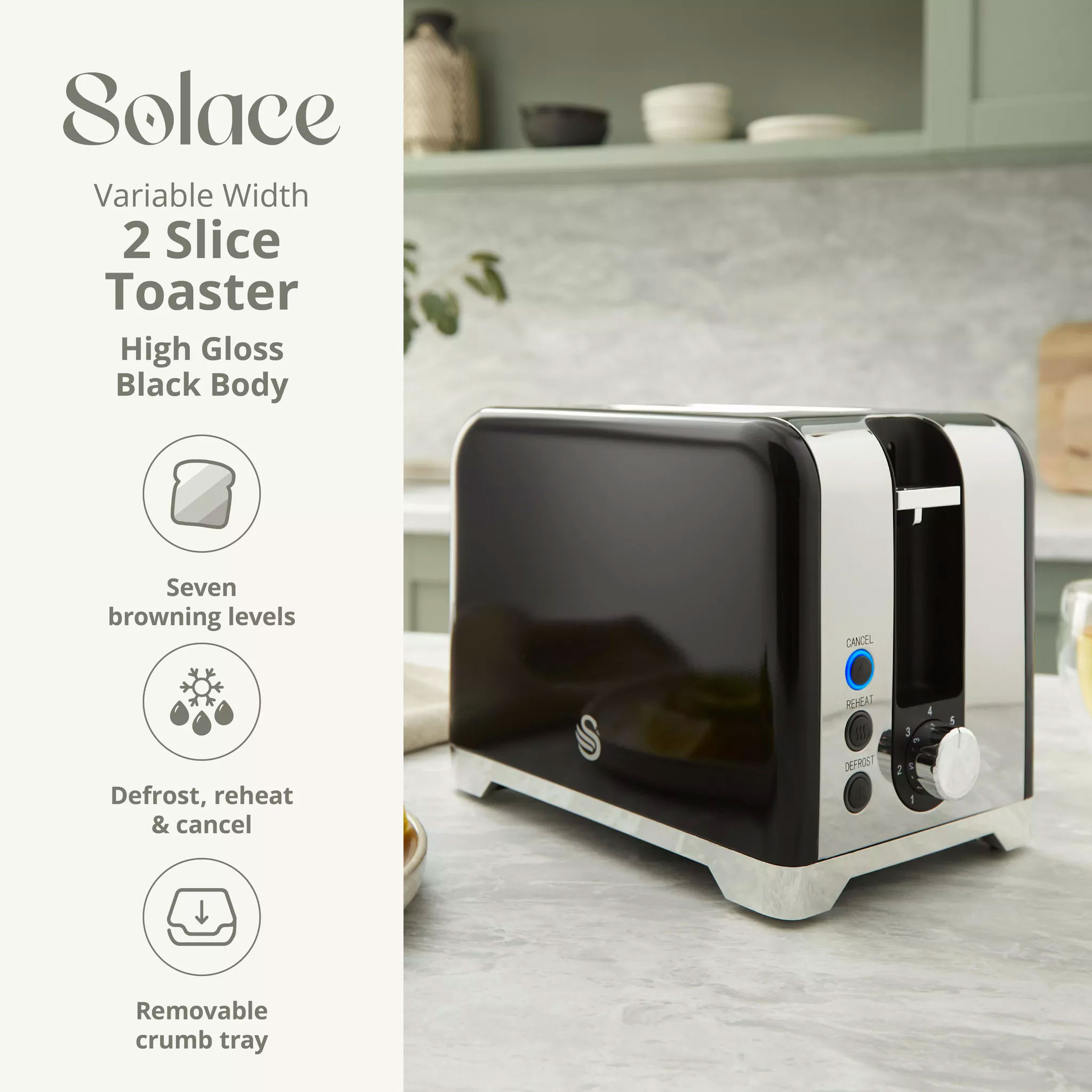 Swan ST19031BLK-TOA Solace 2 Slice Stainless Steel Toaster - Image 3