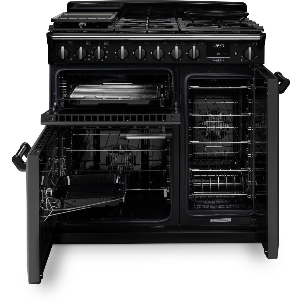 Rangemaster CLDL90DFPGBL-CM1 90cm Dual Fuel Range Cooker Classic Deluxe Gloss Black/Chrome - Image 2 Rangemaster CLDL90DFPGBL-CM1 90cm Dual Fuel Range Cooker Classic Deluxe Gloss Black/Chrome - Image 2
