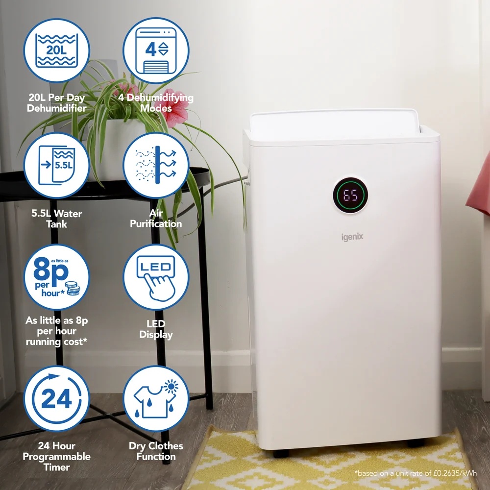 Igenix IGDH020W 20L Dehumidifier – White Igenix IGDH020W 20L Dehumidifier – White
