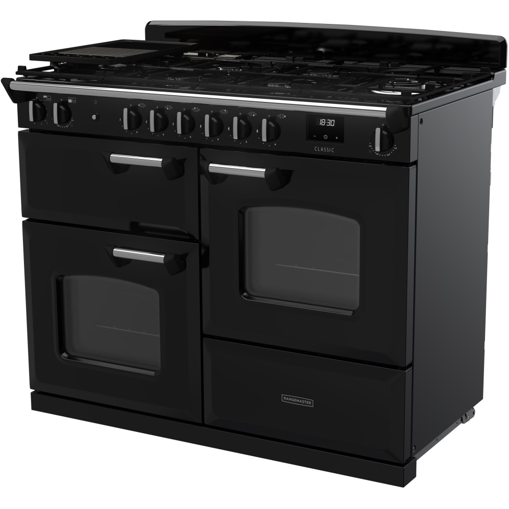Rangemaster CLO110DFPGBL-CM1 110cm Dual Fuel Range Cooker Classic Gloss Black/Chrome - Image 2 Rangemaster CLO110DFPGBL-CM1 110cm Dual Fuel Range Cooker Classic Gloss Black/Chrome - Image 2