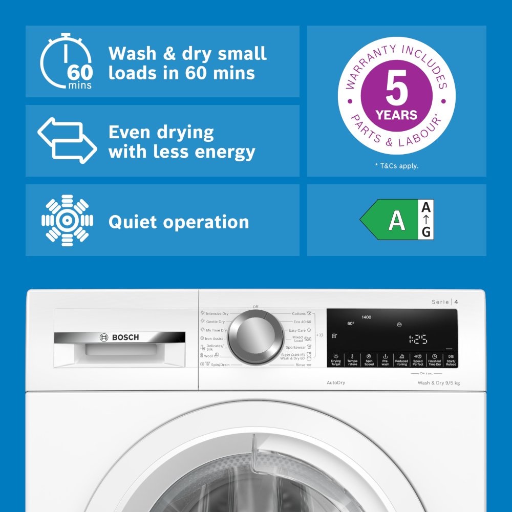 Bosch WNA144V9GB Series 4 Washer Dryer, 9kg/5kg, 1400 Spin – White - Image 2