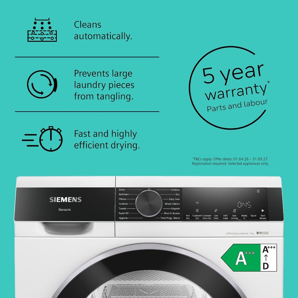 Siemens WQ45G203GB iQ500 Heat Pump Tumble Dryer, 9kg - White - Image 2