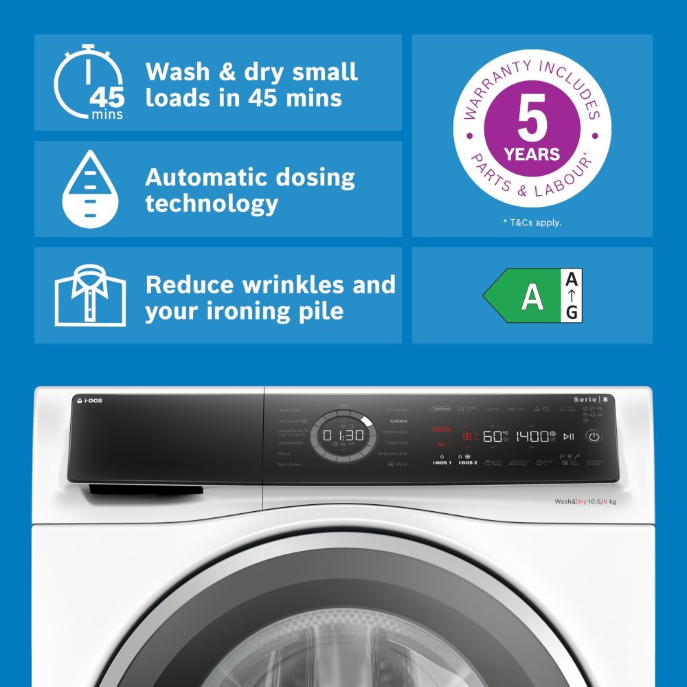 Bosch WNC25410GB i-Dos Washer Dryer, 10kg/6kg, 1400 Spin - White - Image 3