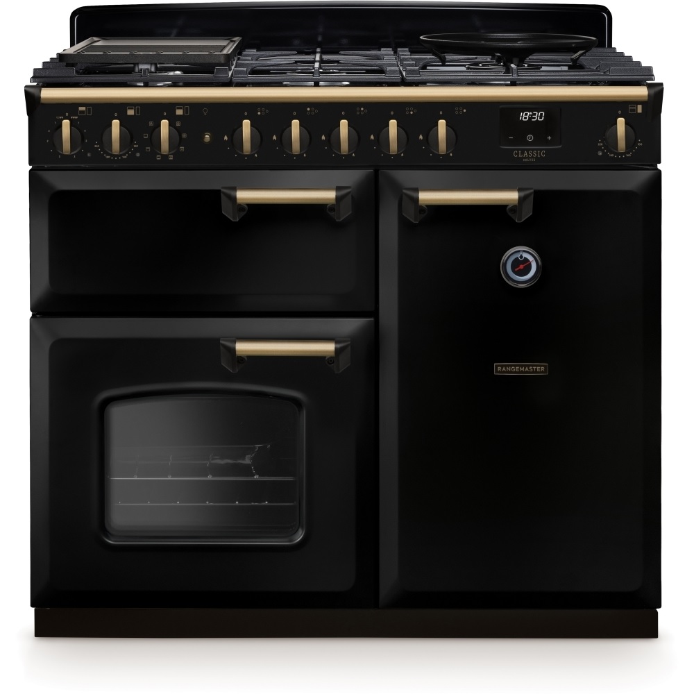 Rangemaster CLDL100DFPGBL-AB1 100cm Dual Fuel Range Cooker Classic Deluxe Gloss Black/Antique Brass