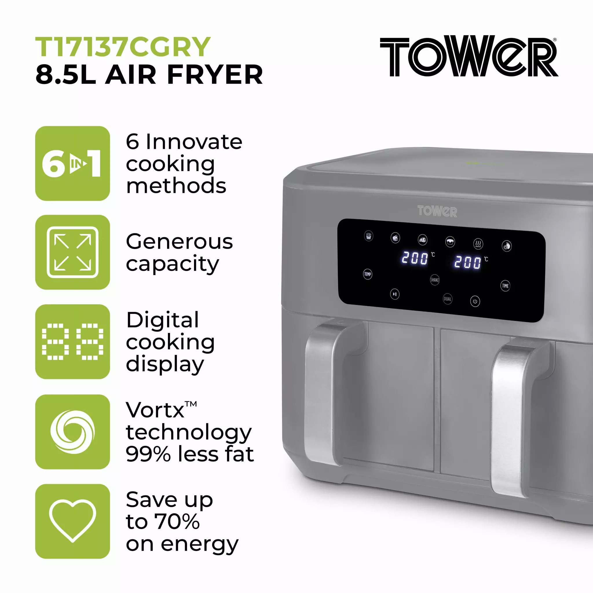 TOWER T17137CGRY Vortx 8.5 Litre Dual Basket Air Fryer - Grey - Image 2 TOWER T17137CGRY Vortx 8.5 Litre Dual Basket Air Fryer - Grey - Image 2
