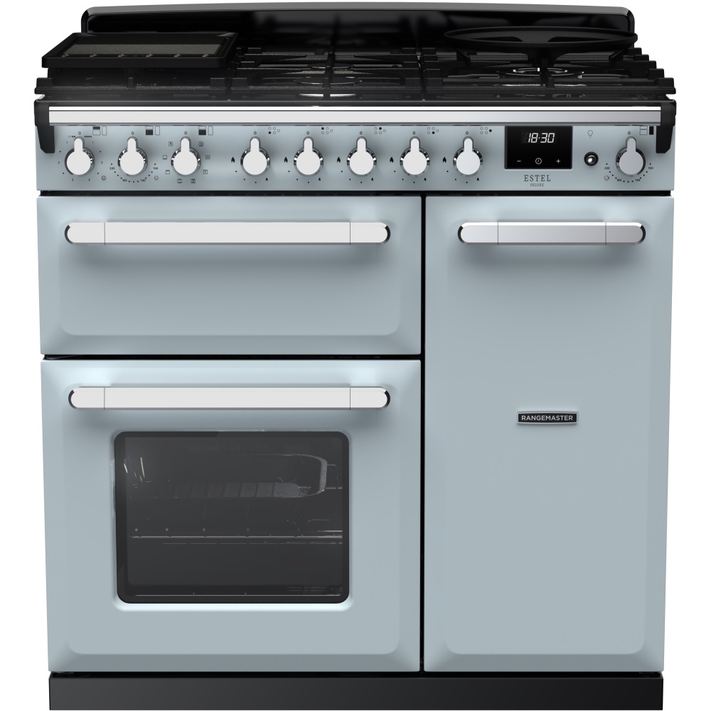 Rangemaster ESDL90DFPMSB-CM1 90cm Dual Fuel Range Cooker, Misty Blue / Chrome Rangemaster ESDL90DFPMSB-CM1 90cm Dual Fuel Range Cooker, Misty Blue / Chrome