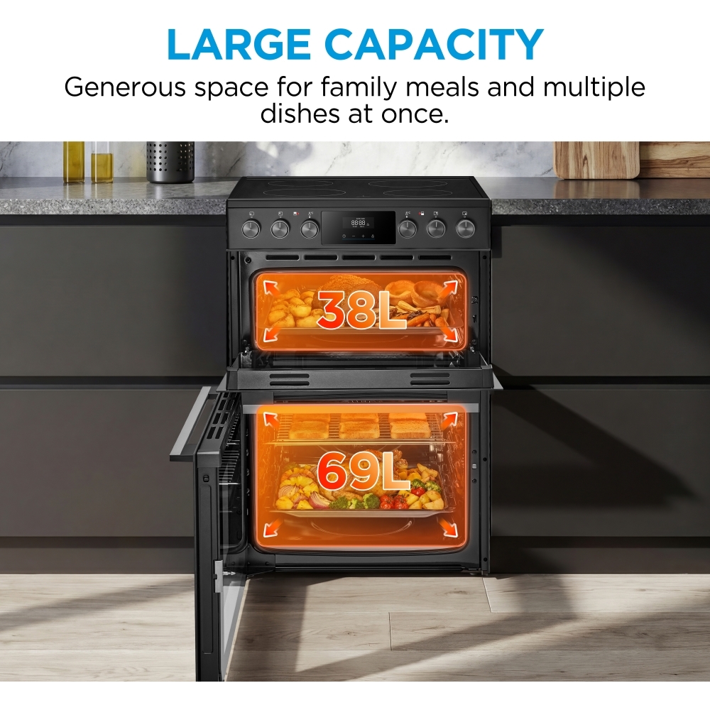 Midea MFO24EME4R118-BK 60cm Double Oven Cooker with Ceramic Hob - Black - Image 2 Midea MFO24EME4R118-BK 60cm Double Oven Cooker with Ceramic Hob - Black - Image 2